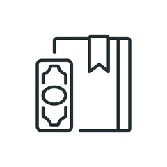 Book with money linear icon. Bookstore. Thin line customizable illustration. Contour symbol. Vector isolated outline drawing. Editable stroke