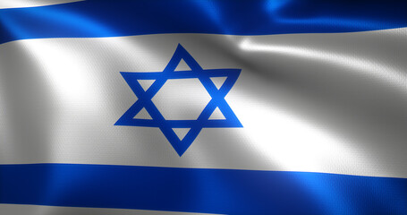 Israel Flag with waving folds, close up view, 3D rendering