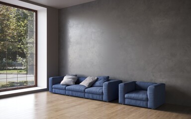 3d visualization of a large spacious modern interior with a concrete wall and a comfortable sofa with pillows, 3d render with copy space on an empty dark wall.