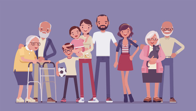 Multigenerational family, household, happy living together in support and care. Three generation portrait, parents, grandparents, baby and adult children together, pet cat. Vector illustration