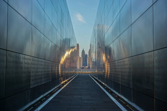 Jersey City, NJ - December 14, 2015: The Manhattan Skyline Seen Through Empty Sky, The Official Memorial To The State’s Victims Of The 9-11 Terror Attack, Located In Liberty State Park.