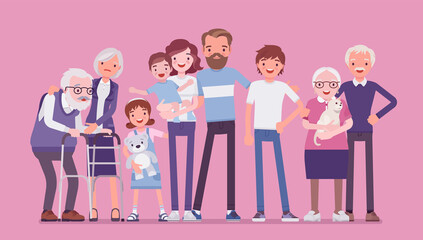 Multigenerational family, common household, happy living together in support, care. Three generation portrait, parents, grandparents, baby and adult children together, pet cat. Vector illustration