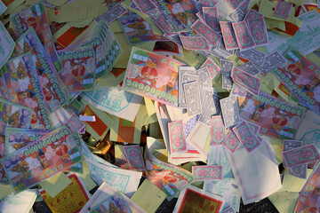 colourful variety prayer joss paper money fake funny currency Chinese hungry ghost festival