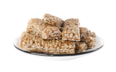 Delicious sweet kozinaki bars on white background