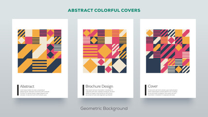 Abstract geometric design covers. Trending vintage retro style background. Set of simple colorful mockup posters Creative vector elements.