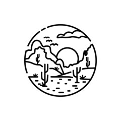 Desert Logo, Arid Land With Cactus Trees For Adventures Vintge Hipster Logo