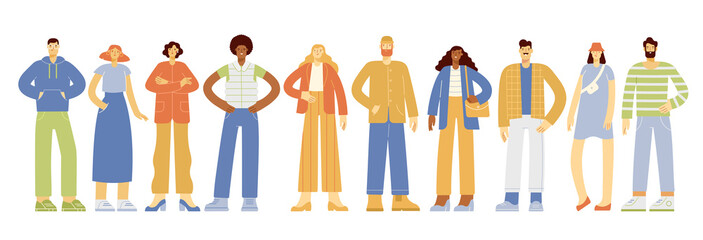 Fototapeta na wymiar Set of full length portrait of diverse people. Young people with different hairstyles, skin colors and ethnicities. Diverse people or team standing together. Vector illustration in flat design