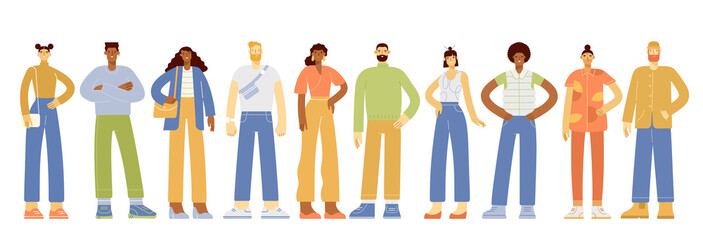 Set of full length modern male and female characters. Multinational young adult people. Men and women with various ethnicities. Vector illustration, flat design. Isolated on white background