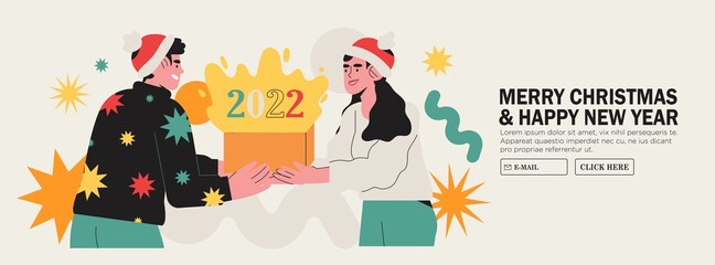 Fototapeta premium Man and woman open gift box or present with new year or 2022 numbers. New year coming banner, web site or page greeting with happy smiling people celebrate winter holiday together. Secret Santa.