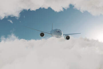 3d rendering of an airplane flying over clouds