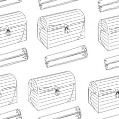 Seamless pattern outline chest and an old card. white background. Pirate chest and treasure map. Hand drawing in cartoon style. Vector illustration.