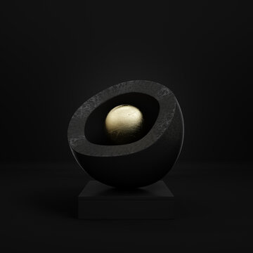 Black pedestal with abstract gold sphere in halfshell on dark postament on dark background. Minimalism concept