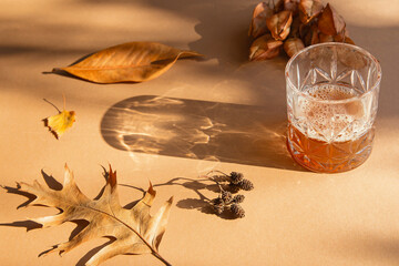 Glass with homemade drink on light brown sunlit background with dried leaves and shadows. Autumn and fall concept
