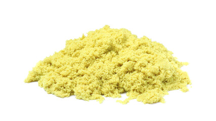 Pile of yellow kinetic sand on white background