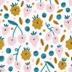 Cute cartoon berries smiling on check tablecloth, pattern illustration