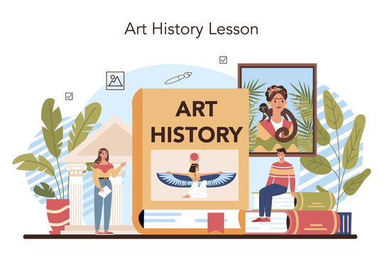 History of art school education. Student studying art history. Teacher tell