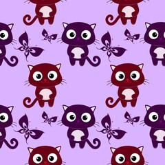 Cartoon seamless background with multicolor cats, like a cheerful pattern. Regular baby texture with cats.