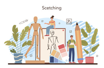 Art school education. Student holding art tools learning