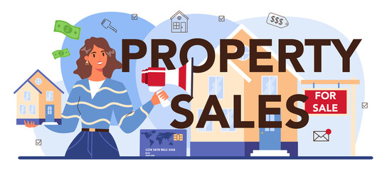Fototapeta na wymiar Property sales typographic header. Real estate industry, realtor assistance