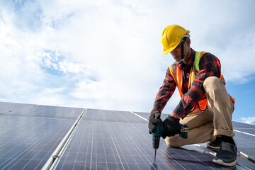 Professional worker working and installing solar panels,Innovative solution for energy solving,Use...