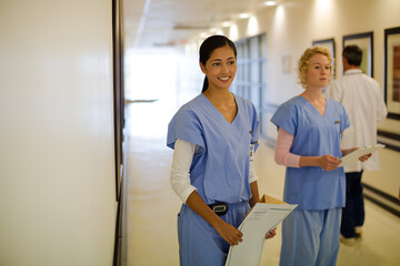 Nurses in hospital corridor