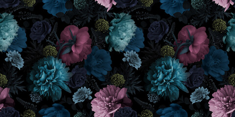 Panele Szklane  Kwiatowy wzór. Wielobarwne piwonie kwiaty na czarnym tle.