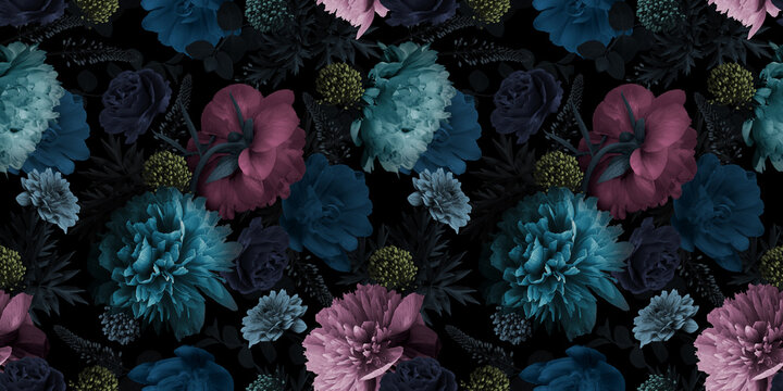 Floral seamless pattern. Multicolored flowers peonies on a black background.