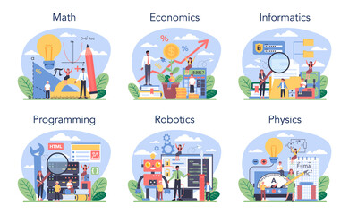 Exact school subjects or educational class set. Student studying hard science