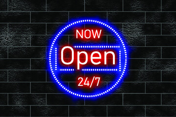 Obraz premium Now Open neon text vector design template. Now Open neon logo, light banner design element colorful modern design trend. Vector illustration
