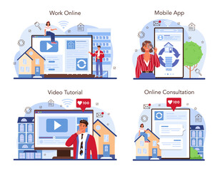 Real estate agency online service or platform set. Qualified realtor service.