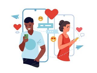 Online dating service. Phone matchmaking app, man and woman chat and flirt on social network, search love and relationships. Vector concept