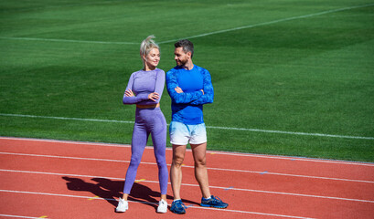 before workout. athlete and sportsman. sport couple is good team. fitness partners. athletic man...