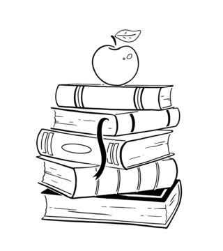 Vector line art illustration of apple on books