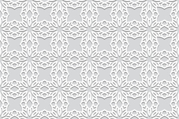 Geometric volumetric convex ethnic 3D pattern. Embossed trendy white background. Cut paper effect. Oriental, Indonesian, Asian motives in arabesque style, lace texture.