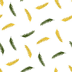 Herbal seamless pattern with green and yellow rosemary shapes. White background. Isolated print.