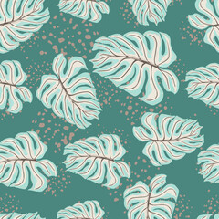 Fototapeta na wymiar Abstract seamless pattern with blue random palm leaf monstera ornament. Turquoise background with splashes.