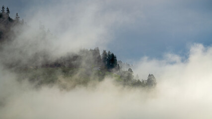 autumnal atmosphere on the mountains at the mornig with fog and sunslight