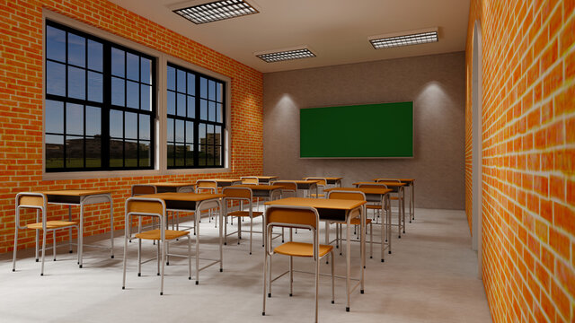 New normal classroom and spacing of tables and chairs to prevent the spread of coronavirus (COVID-19). IEmpty classroom for teach and learn. 3d rendering Interior.