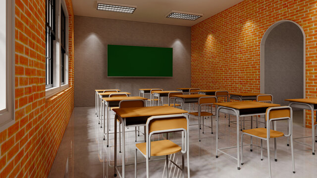 New normal classroom and spacing of tables and chairs to prevent the spread of coronavirus (COVID-19). IEmpty classroom for teach and learn. 3d rendering Interior.