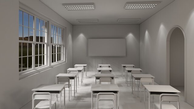 New normal classroom and spacing of tables and chairs to prevent the spread of coronavirus (COVID-19). IEmpty classroom for teach and learn. 3d rendering Interior.