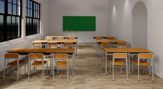 New normal classroom and spacing of tables and chairs to prevent the spread of coronavirus (COVID-19). IEmpty classroom for teach and learn. 3d rendering Interior.