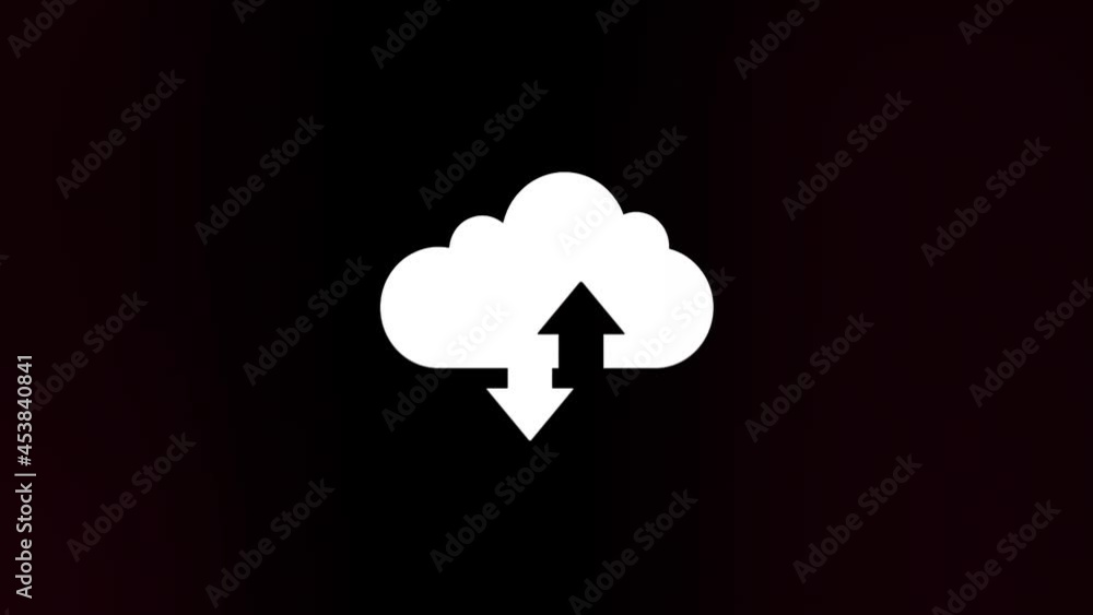 Poster Cloud download and upload icon with glitch art effect. Retro futurism 80s 90s dynamic wave style. Video signal damage with tv noise and old screen interference. Loop 4k