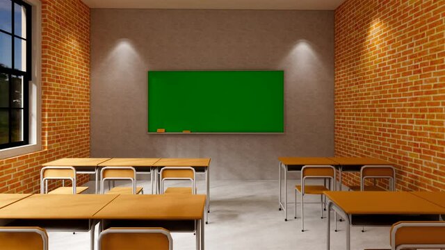 New normal classroom and spacing of tables and chairs to prevent the spread of coronavirus (COVID-19). IEmpty classroom for teach and learn. 3d rendering Interior.