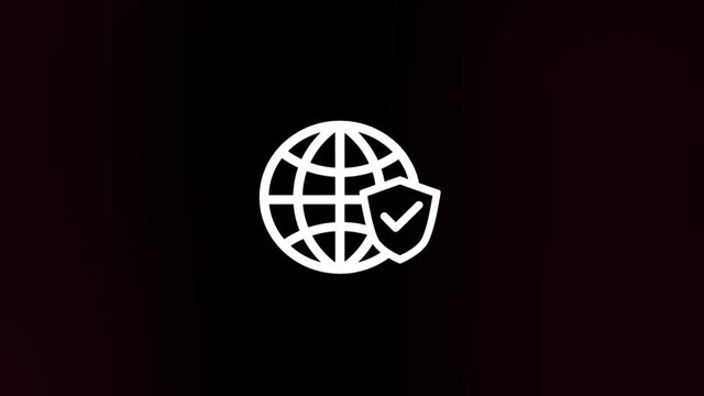 Earth globe and shield with checkmark icon with glitch art effect. Retro futurism 80s 90s dynamic wave style. Video signal damage with tv noise and old screen interference. Loop 4k