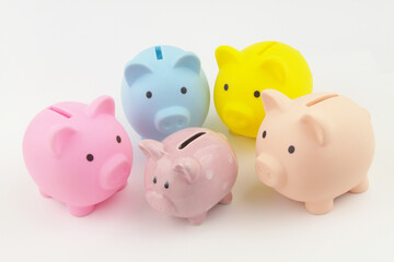 New investments fund concept. Many different piggy banks around small piggy bank.