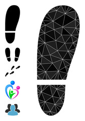 Triangle human foot print polygonal symbol illustration, and similar icons. Human Foot Print is filled with triangles. Low-poly human foot print combined with scattered color triangles.