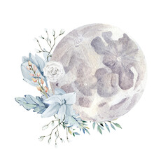 Watercolor moon and floral bouquet. White and blue illustration for moon calendar, logo design, tattoo, banner, sticker. Isolated art on white background.