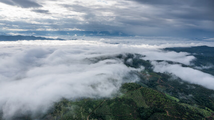 aerial view of clouds on beautiful mountains beautiful nature that covers the fertile tropical forests of Nan Province Northern Thailand, Ya Luang Suan