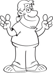Black and white illustration of a man with a pony tail giving two peace signs.