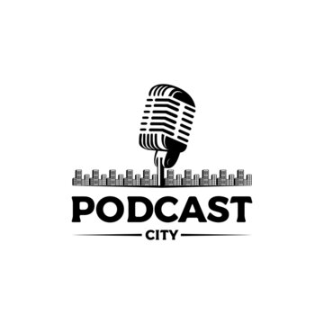 vintage microphone city podcast logo design vector
